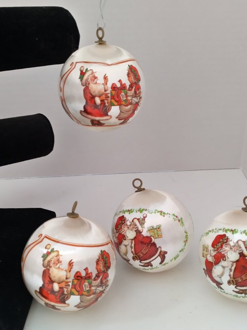 Vintage 4 Silk Xmas Ornaments Mr. & Mrs. Claus Exchanging Gifts